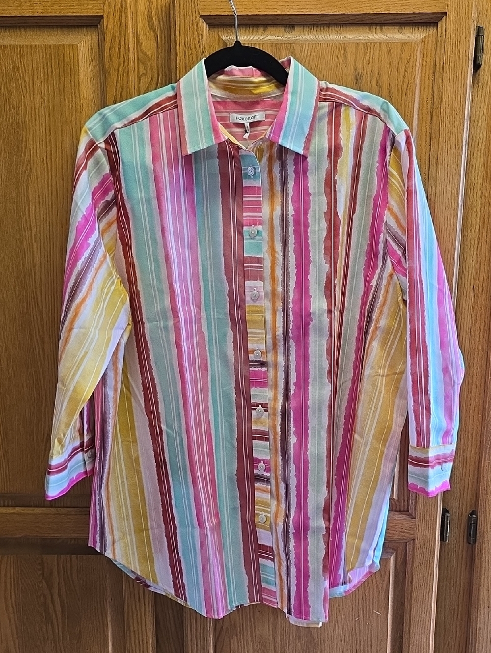 NWT Foxcroft Watercolor Striped Womens Button Down 3/4 Sleeve Cotton Shirt LARGE